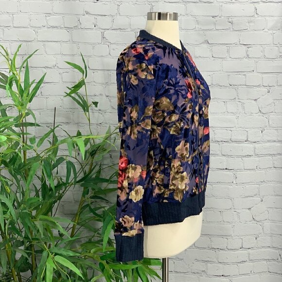 Mystree Navy Blue w/ Floral Velvet Bomber Jacket - Picture 3 of 8